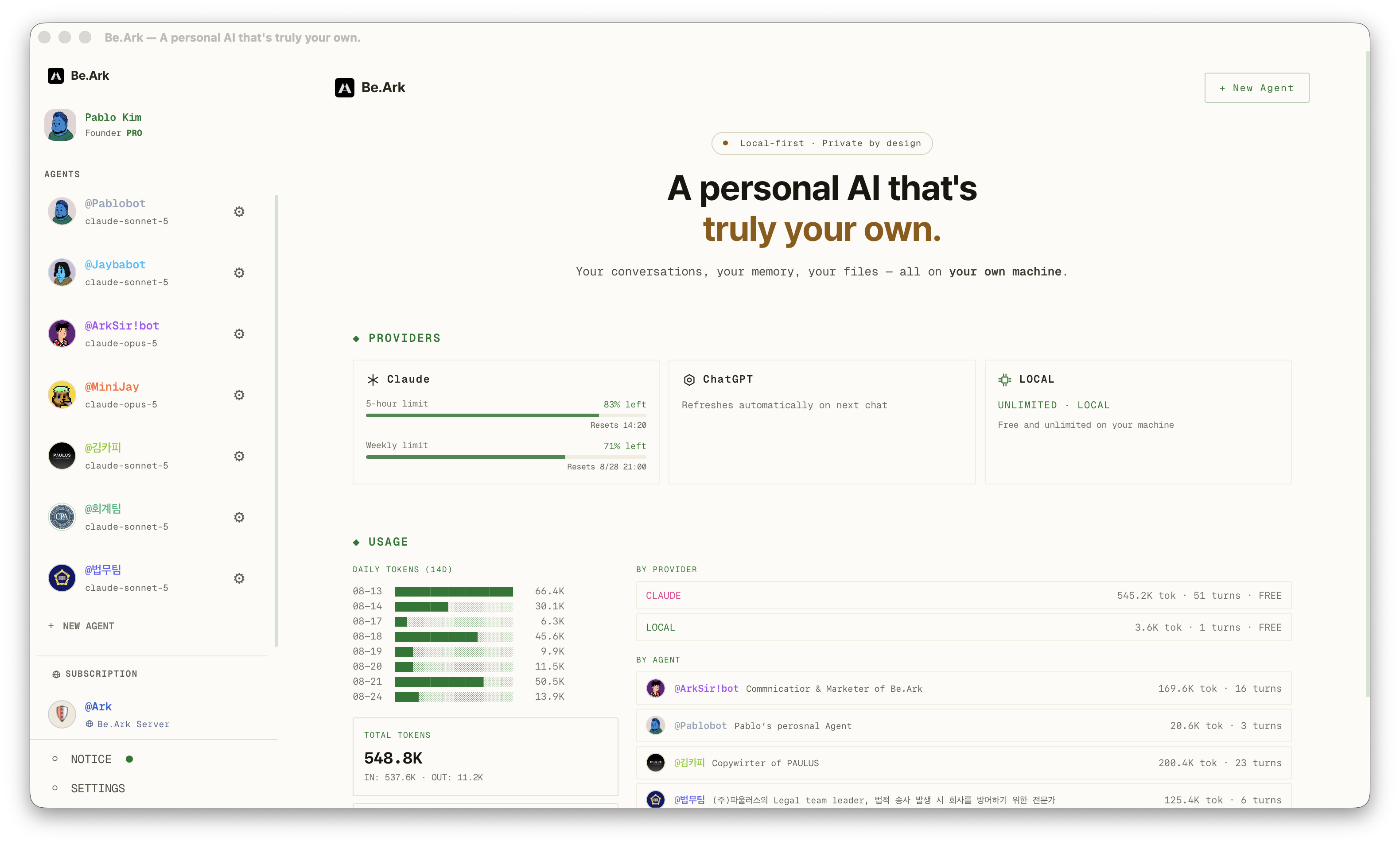 Be.Ark desktop app — chat, agents, and Living Files